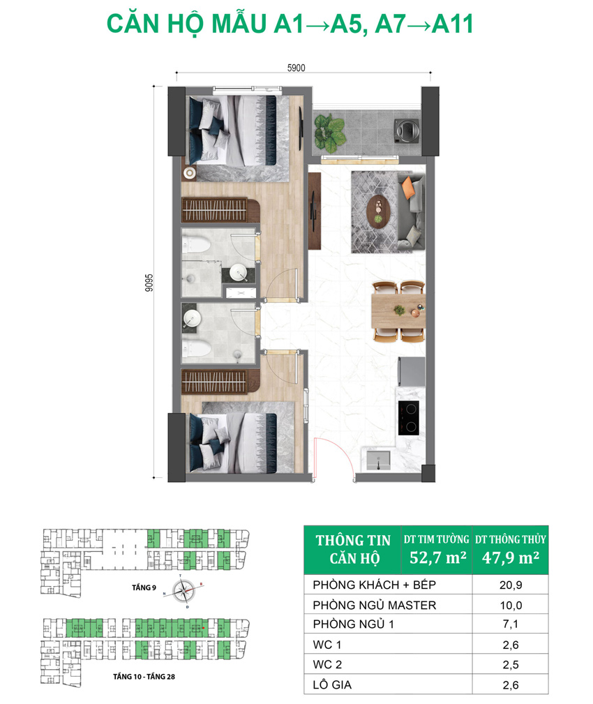 Các loại căn hộ Bcons City – Tháp Green Diamond