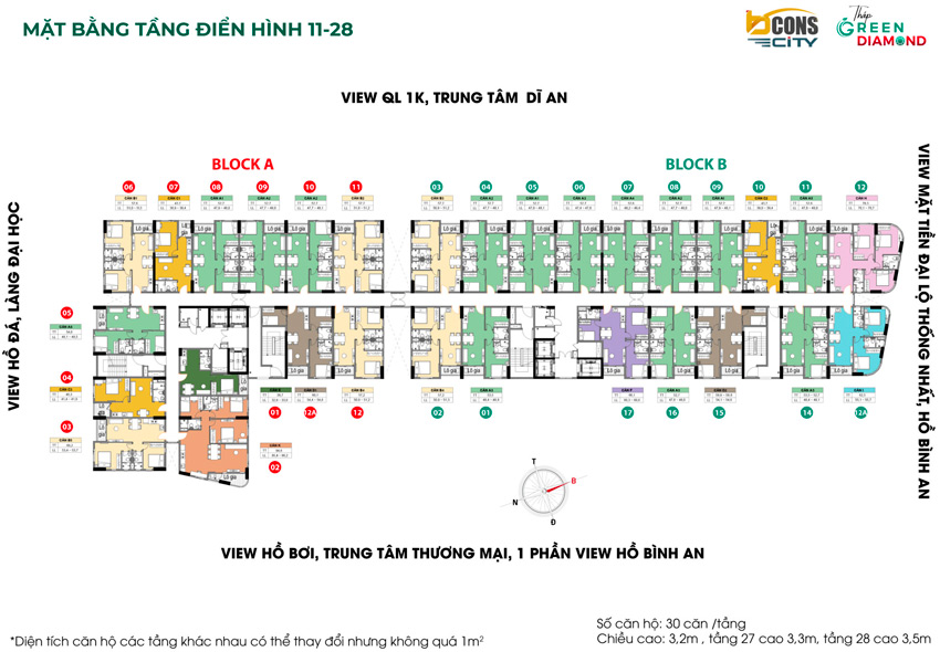 Mặt bằng tầng & Thiết kế Bcons City – Tháp Green Diamond